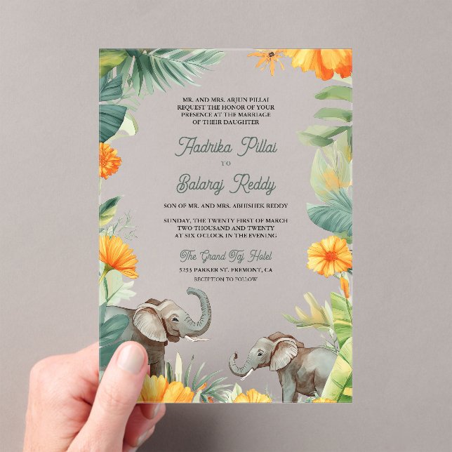 Palm Leaves Marigold Elephant South Indian Wedding Acrylic Invitations (Insitu (Handheld))