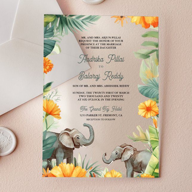 Palm Leaves Marigold Elephant South Indian Wedding Acrylic Invitations (Creator Uploaded)