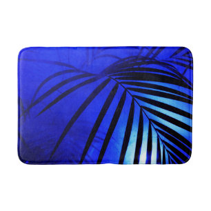 Palm leaves moonlight modern tropical blue black bath mat