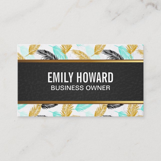 Palm Leaves | Natural | Black Leather Gold Trim Business Card (Front)