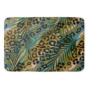 Palm leaves on a leopard background. bath mat