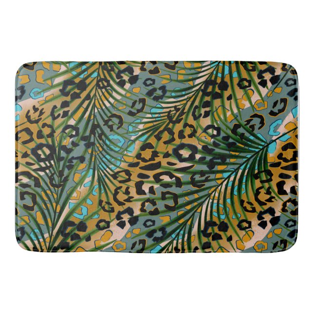 Palm leaves on a leopard background. bath mat (Front)