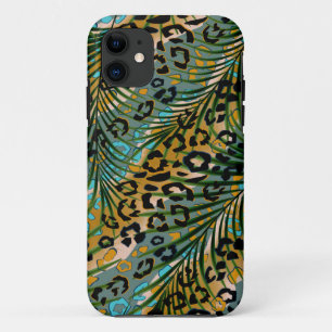 Palm leaves on a leopard background. iPhone 11 case