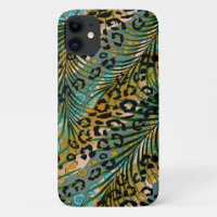 Palm leaves on a leopard background. 