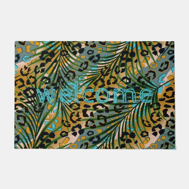 Palm leaves on a leopard background. doormat (Front)
