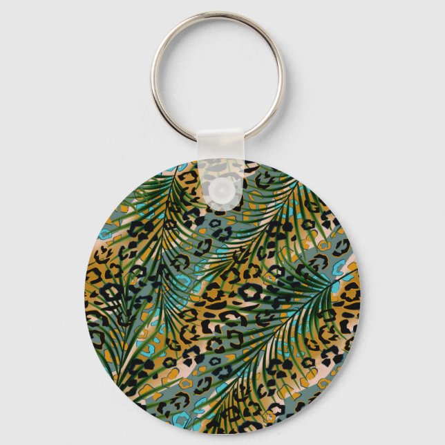Palm leaves on a leopard background. key ring (Front)