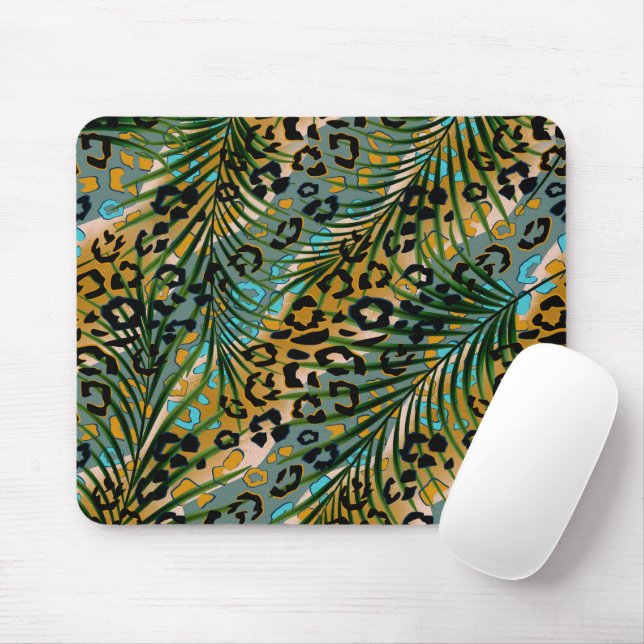 Palm leaves on a leopard background.  mouse mat (With Mouse)