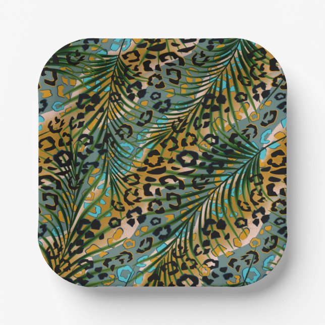 Palm leaves on a leopard background. paper plate (Front)