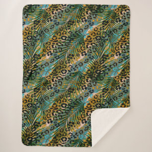 Palm leaves on a leopard background.  sherpa blanket