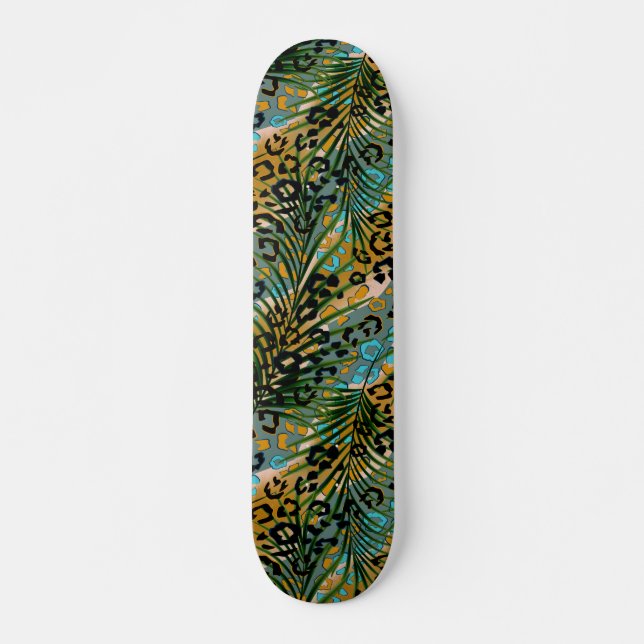 Palm leaves on a leopard background.  skateboard (Front)