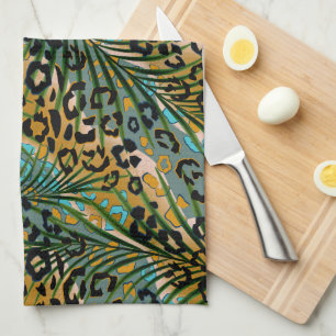 Palm leaves on a leopard background.  tea towel