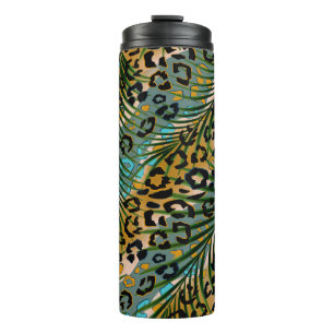 Palm leaves on a leopard background.  thermal tumbler