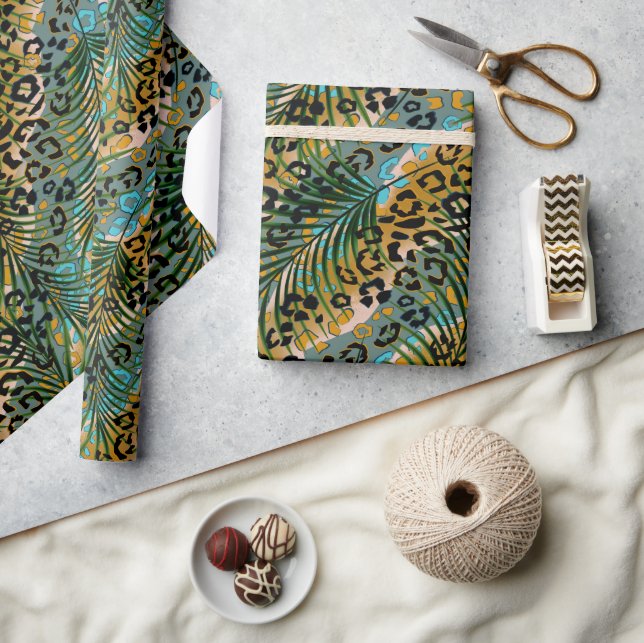 Palm leaves on a leopard background. wrapping paper (Crafts)