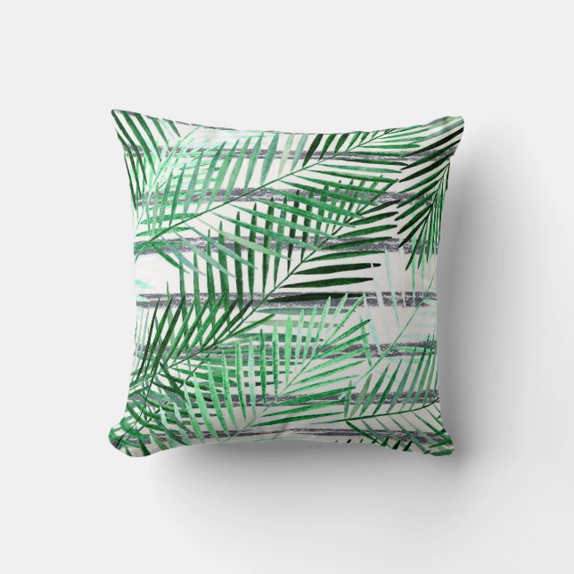 Palm leaves on a striped black and white backgroun cushion (Front)