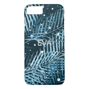Palm leaves on blue with white polka dots. iPhone 8/7 case