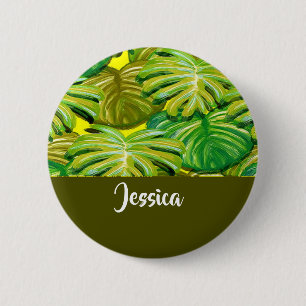 Palm leaves on yellow 6 cm round badge