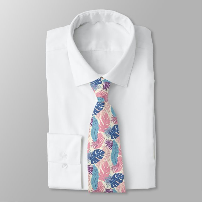 Palm Leaves Pastel Navy Pink Pale Blue Tie (Tied)
