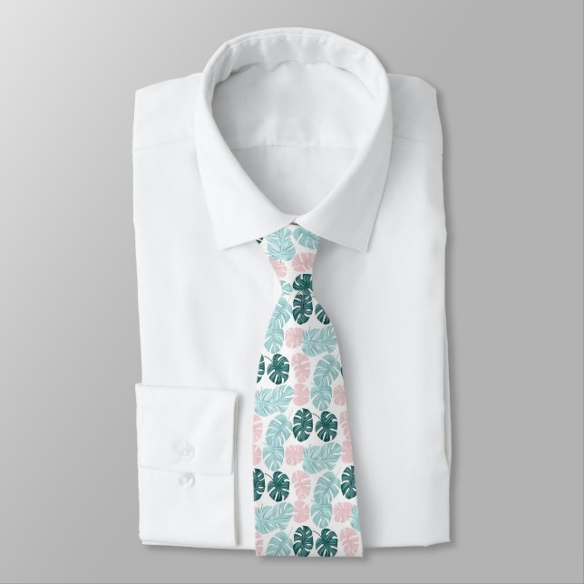 Palm Leaves Pastel Turquoise Pink Dark Green Tie (Tied)