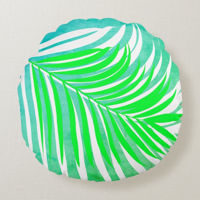 Palm Leaves Pattern Green Teal Blue Tropical Gift Round Cushion (Front)