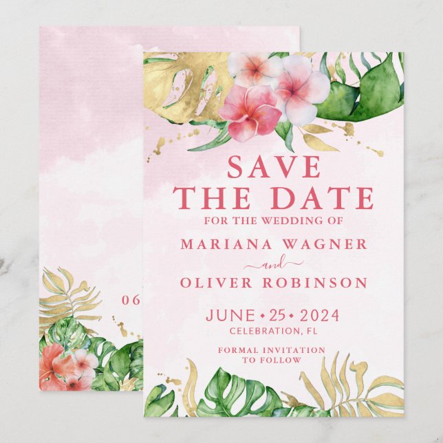 Palm Leaves Pink Gold Save the Date Invitation (Front/Back)