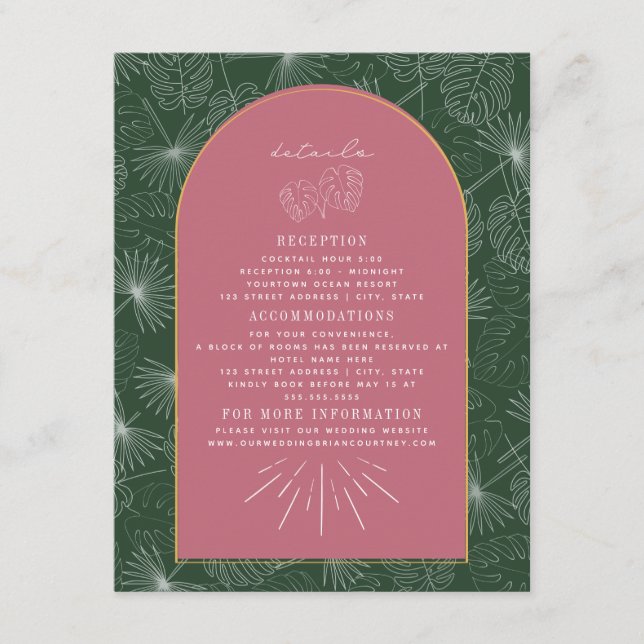 Palm Leaves Pink Green Arch Wedding Details  Enclosure Card (Front)