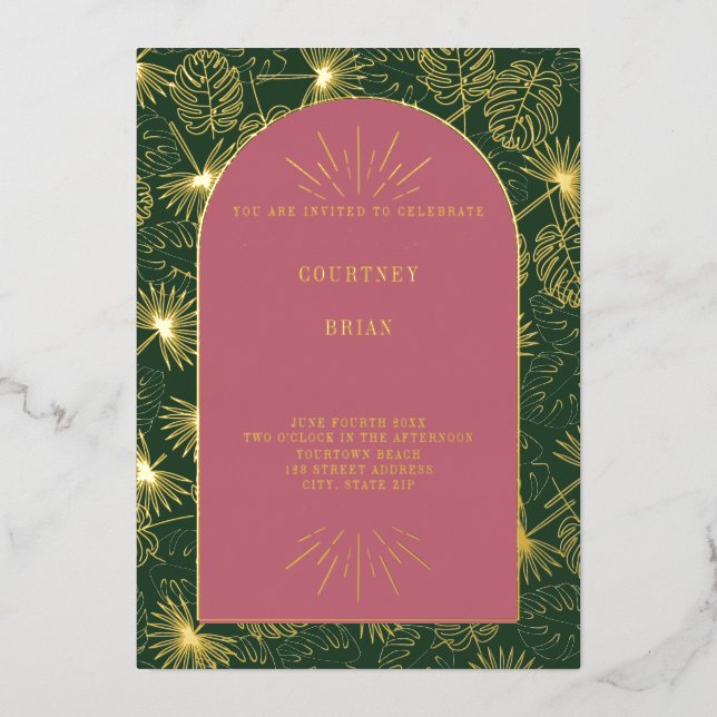 Palm Leaves Pink + Green Beach Wedding (Front)