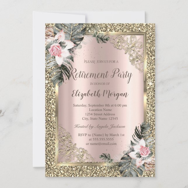 Palm Leaves Roses,Rose Gold Retirement Invitation (Front)