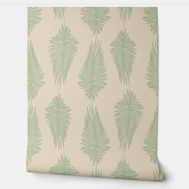 Palm Leaves - Sage Green and Beige Wallpaper (Unrolling)