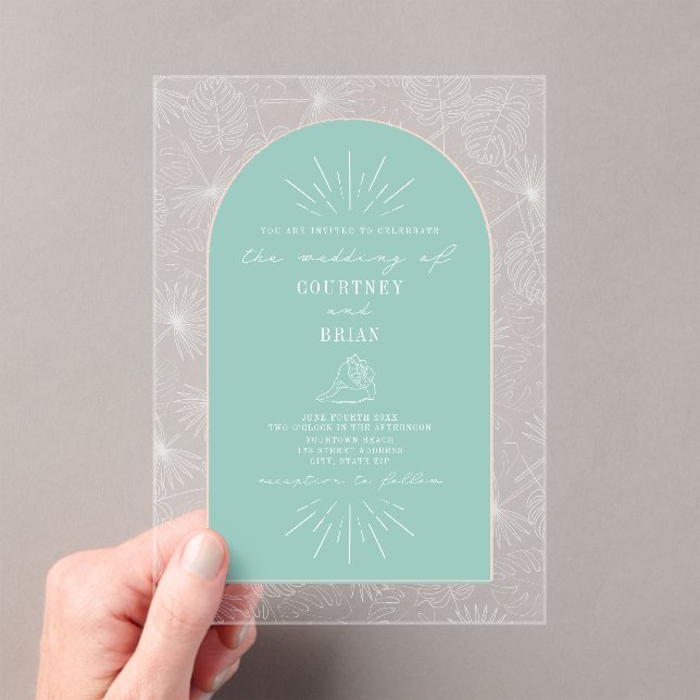 Palm Leaves Seashell Aqua Tropical Wedding Acrylic Invitations (Insitu (Handheld))