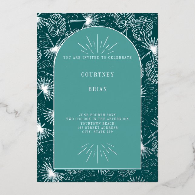 Palm Leaves Seashell Teal Tropical Beach Wedding (Front)