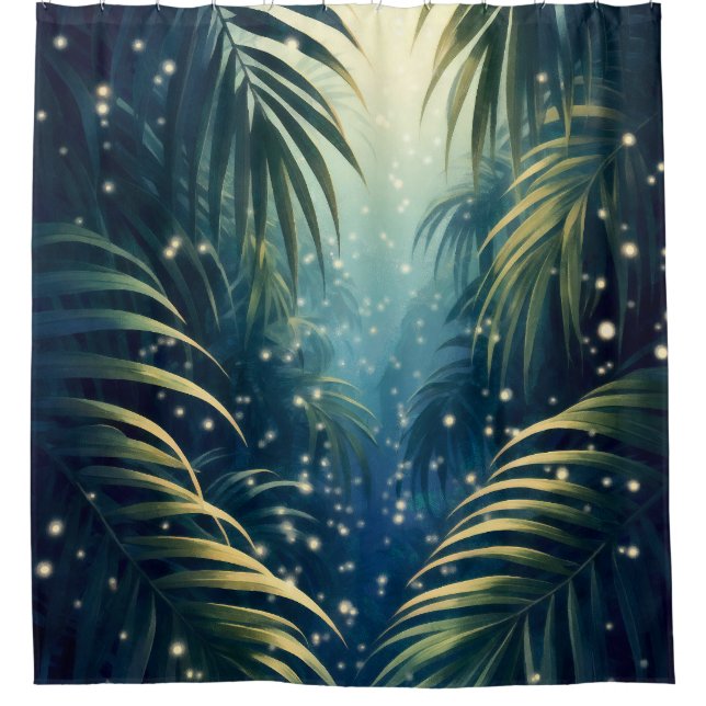 Palm leaves sparkled by moonshine and fireflies shower curtain (Front)