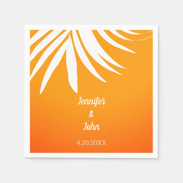 Palm Leaves Sunset Orange Cool Tropical Wedding Napkin (Front)