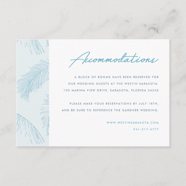 Palm Leaves Tropical Beach Wedding Accommodations Enclosure Card (Front)