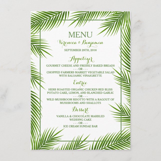 Palm Leaves Tropical Beach Wedding Menu (Front)