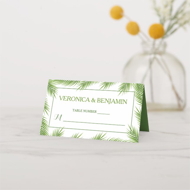 Palm Leaves Tropical Beach Wedding Place Card (Front)