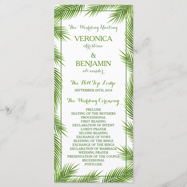 Palm Leaves Tropical Beach Wedding Program Programme (Front)