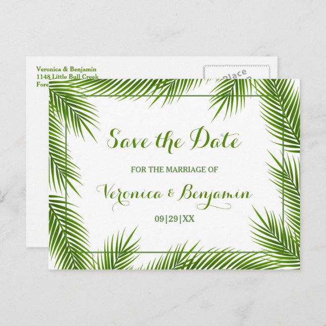 Palm Leaves Tropical Beach Wedding Save The Date Announcement Postcard (Front/Back)