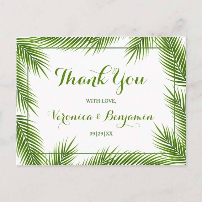 Palm Leaves Tropical Beach Wedding Thank You Postcard (Front)