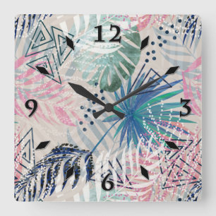 Palm leaves, tropical, Botanical, leaves, jungle,  Square Wall Clock