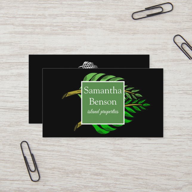 Palm Leaves Tropical Island Green & White  Business Card (Front/Back In Situ)