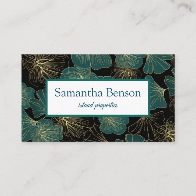 Palm Leaves Tropical Island Green & White Square B Business Card (Front)