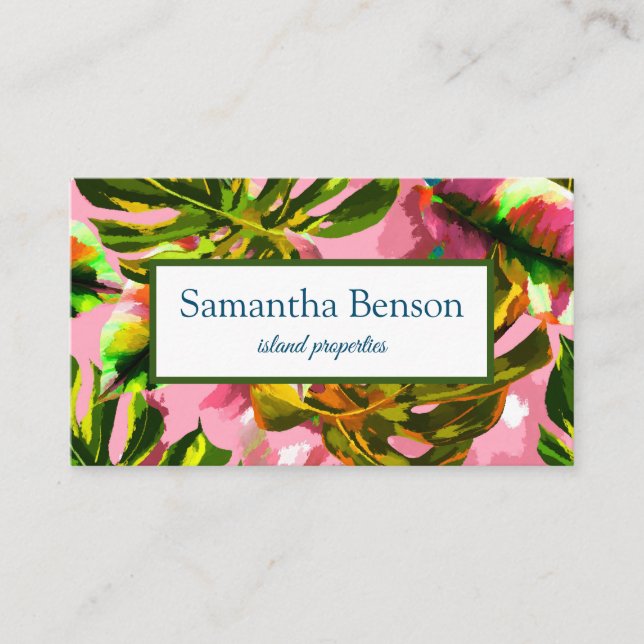 Palm Leaves Tropical Island Green & White Square B Business Card (Front)