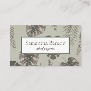 Palm Leaves Tropical Island Green & White Square B Business Card