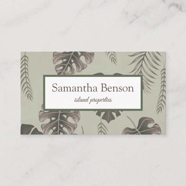 Palm Leaves Tropical Island Green & White Square B Business Card (Front)