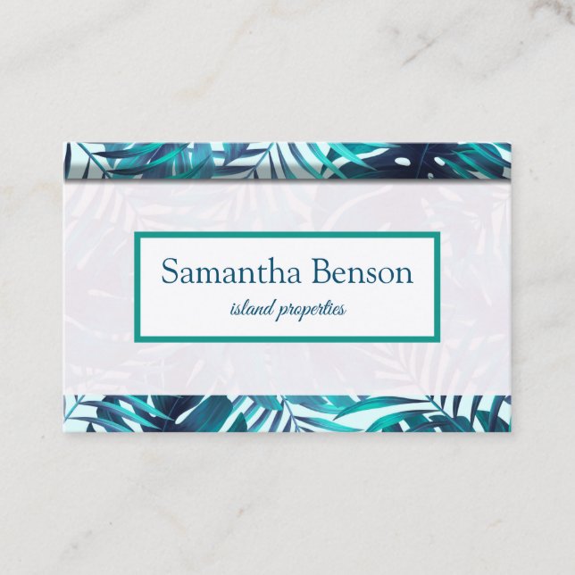 Palm Leaves Tropical Island Green & White Square B Business Card (Front)