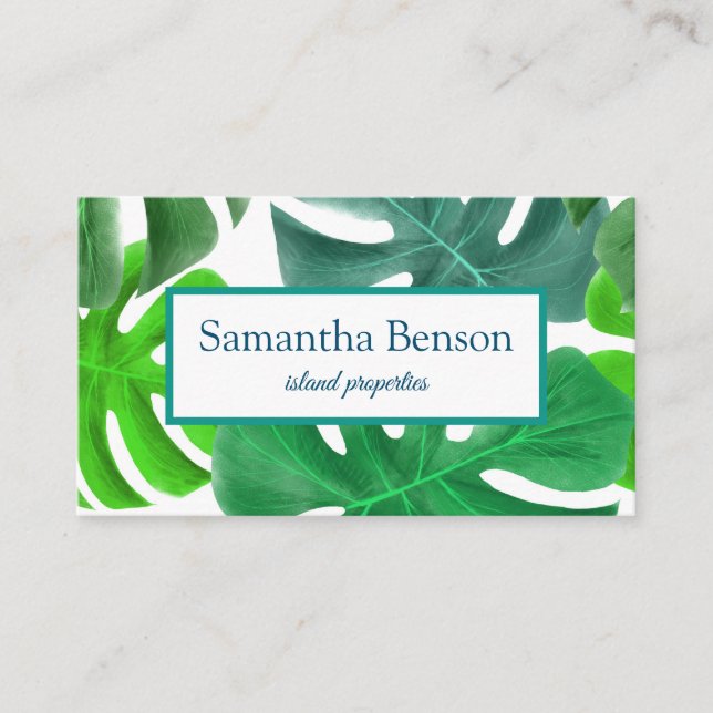 Palm Leaves Tropical Island Green & White Square B Business Card (Front)