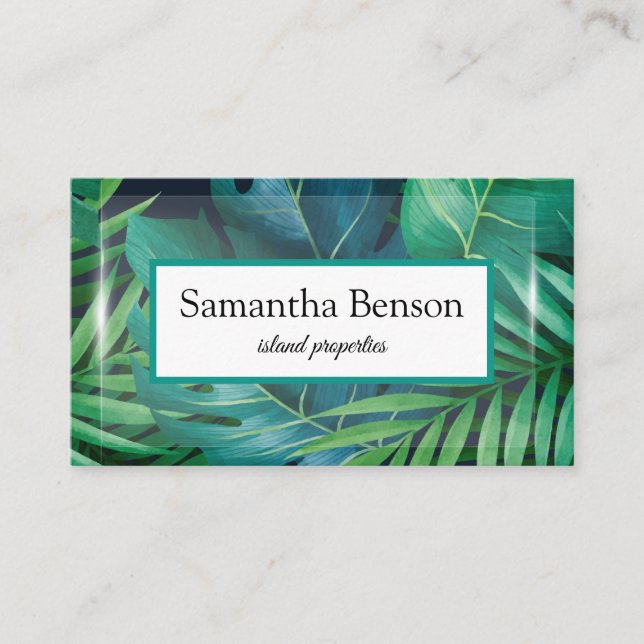 Palm Leaves Tropical Island Green & White Square B Business Card (Front)