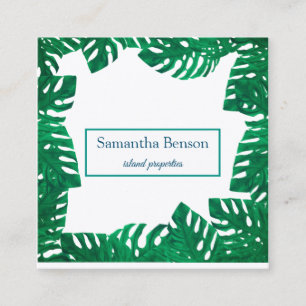 Palm Leaves Tropical Island Green & White Square B Business Card