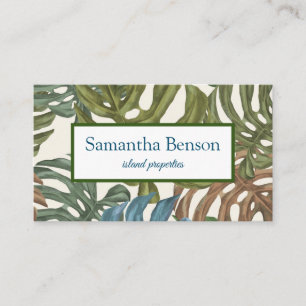 Palm Leaves Tropical Island Green & White Square B Business Card