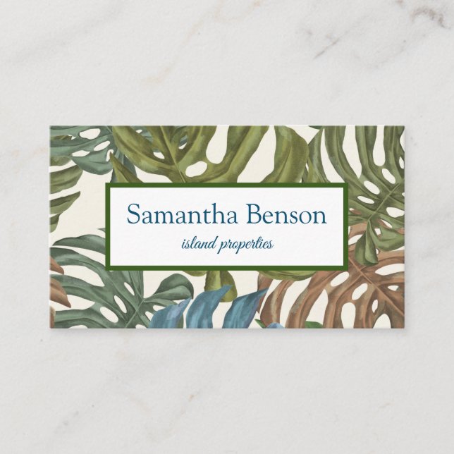 Palm Leaves Tropical Island Green & White Square B Business Card (Front)